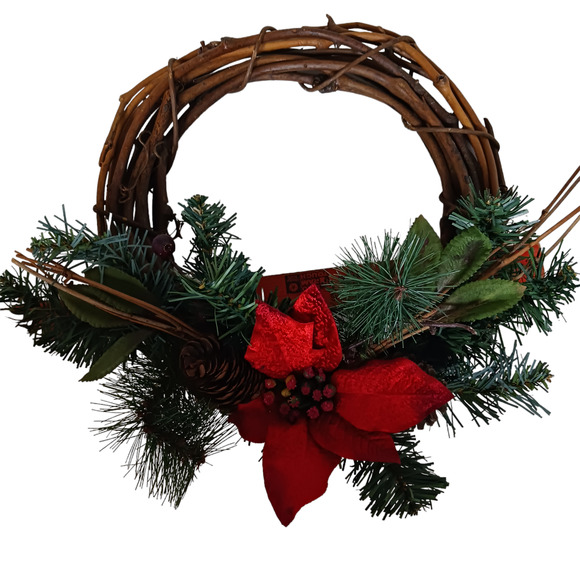 🎄VTG Grapevine Christmas Wreath 12" 🎄 Red Poinsettia Rustic Centerpiece - Picture 6 of 9
